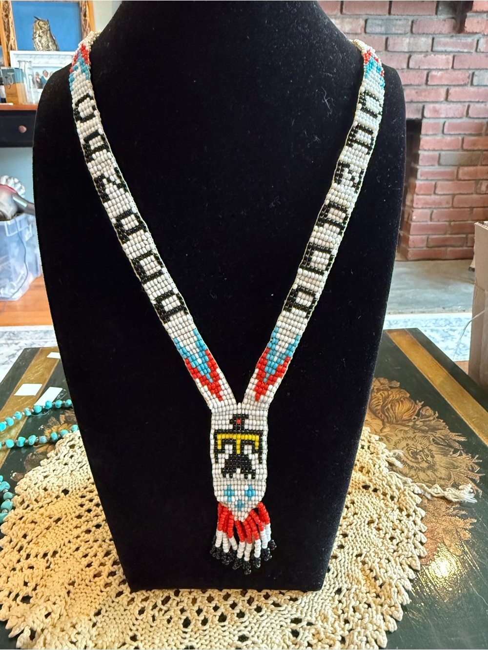 Handmade Beaded Thunderbird Native Style White, Red & Turquoise Necklace